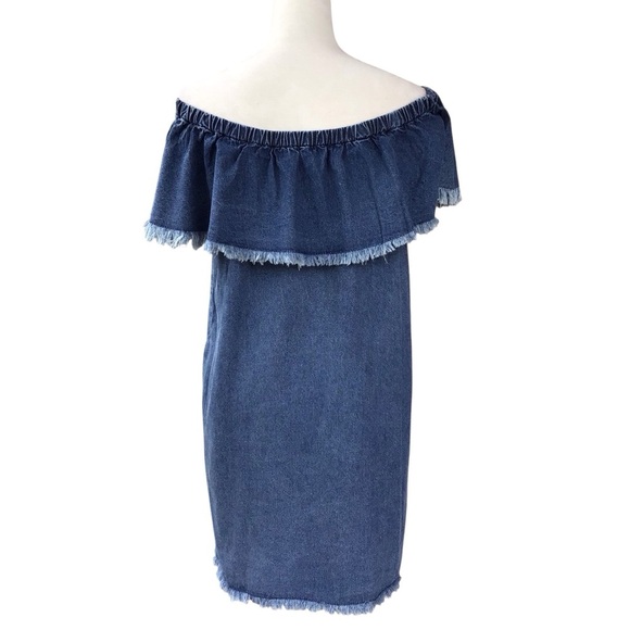 Umgee Blue Denim Fringed Ruffle Off Shoulder Dress Women’s Size Medium - Picture 9 of 10